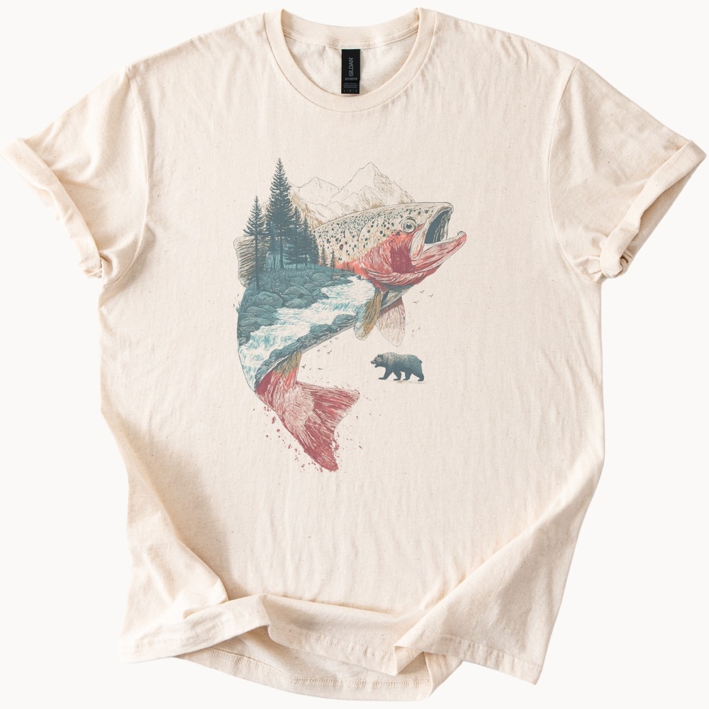 Fish Landscape Graphic Tee Nature Art Engraved Style Shirt